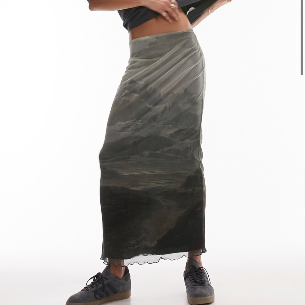 Topshop scenic mesh midi skirt in mono print-Black